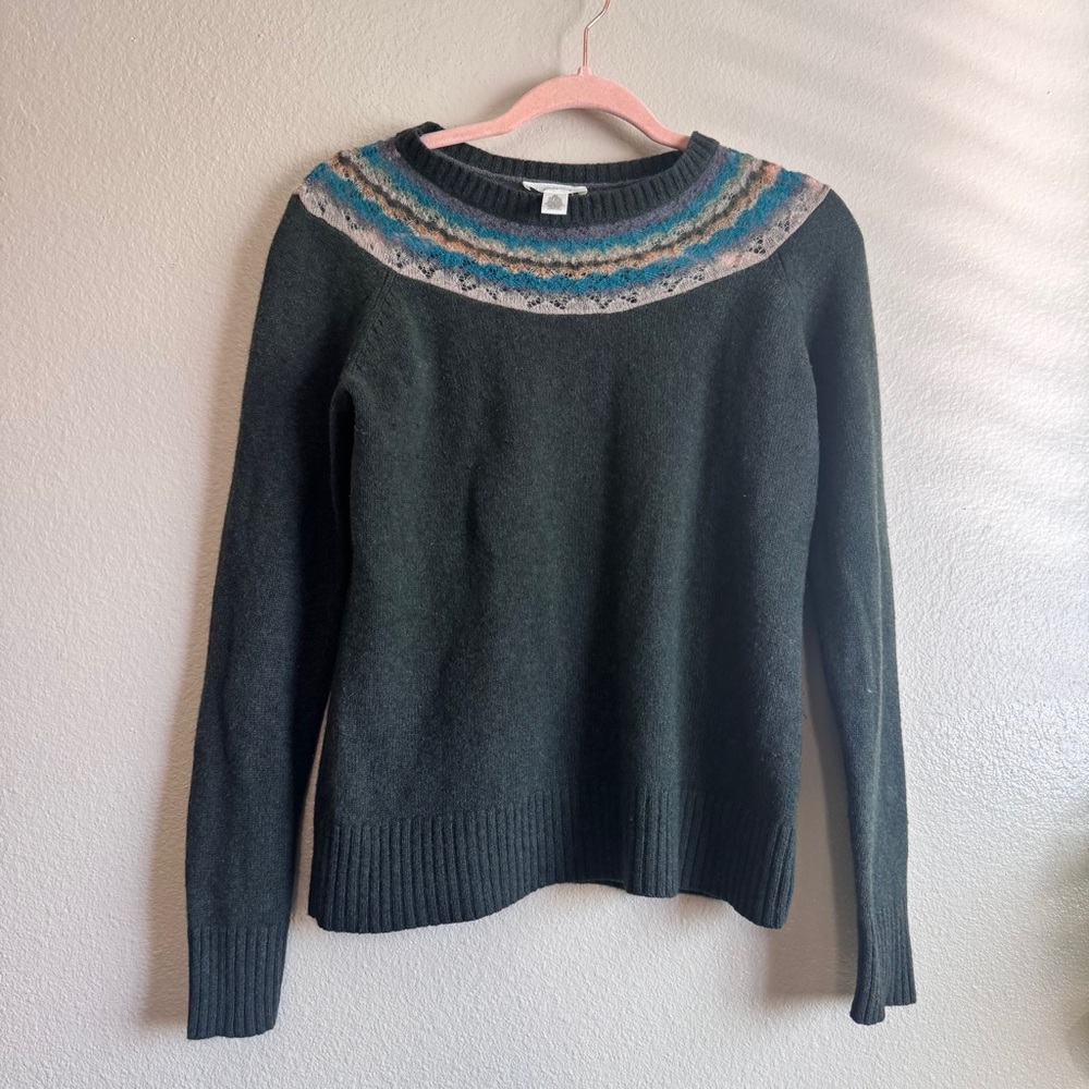 LOFT WOOL Womens Dark Green Fair Isle Yoke Sweater